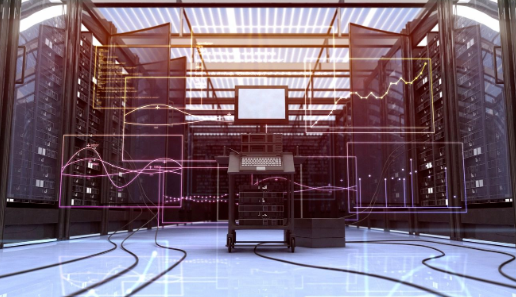 Data center server room with analytics